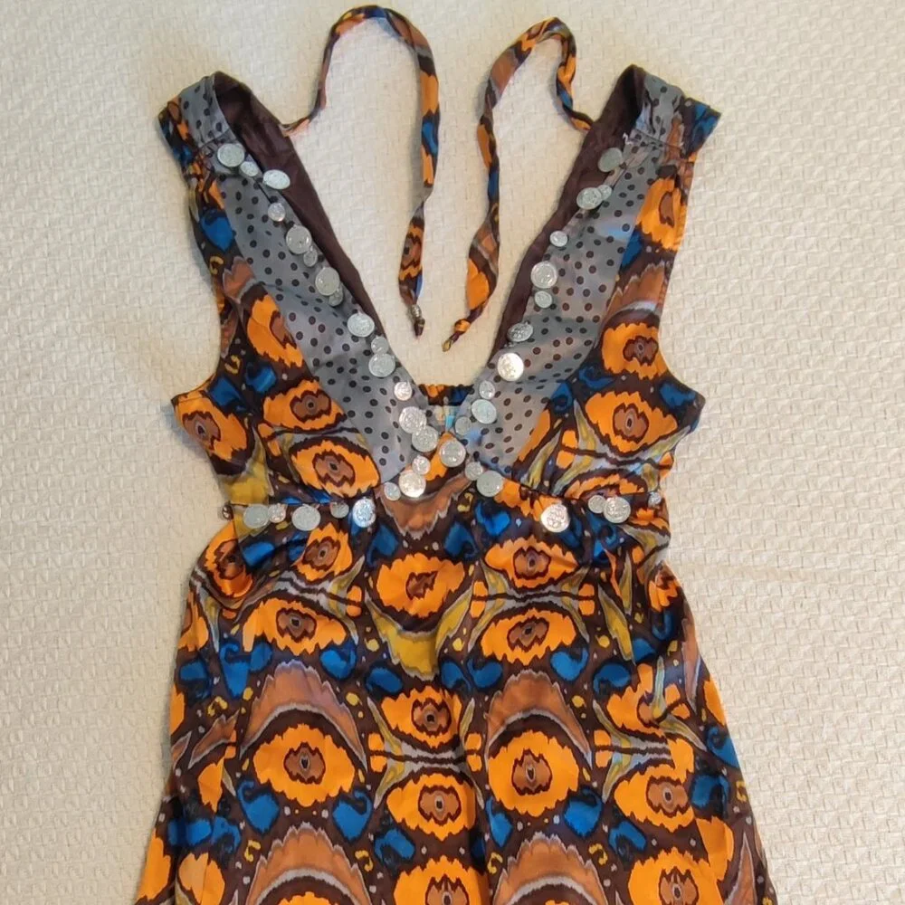 Plenty Tracy 100% Silk Geometric Coin Embellished Dress Size 4 Orange Gray Boho - Picture 1 of 6